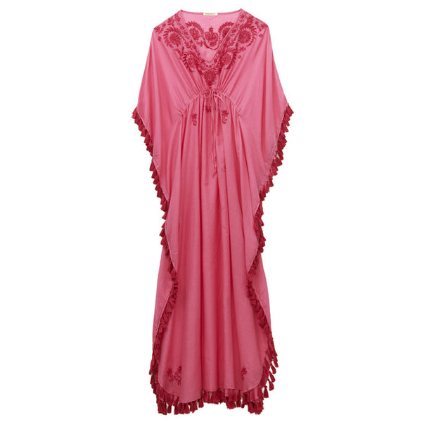 Bright Pink Cotton Embroidered Caftan