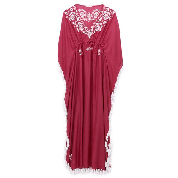 Raspberry Cotton Embroidered Caftan