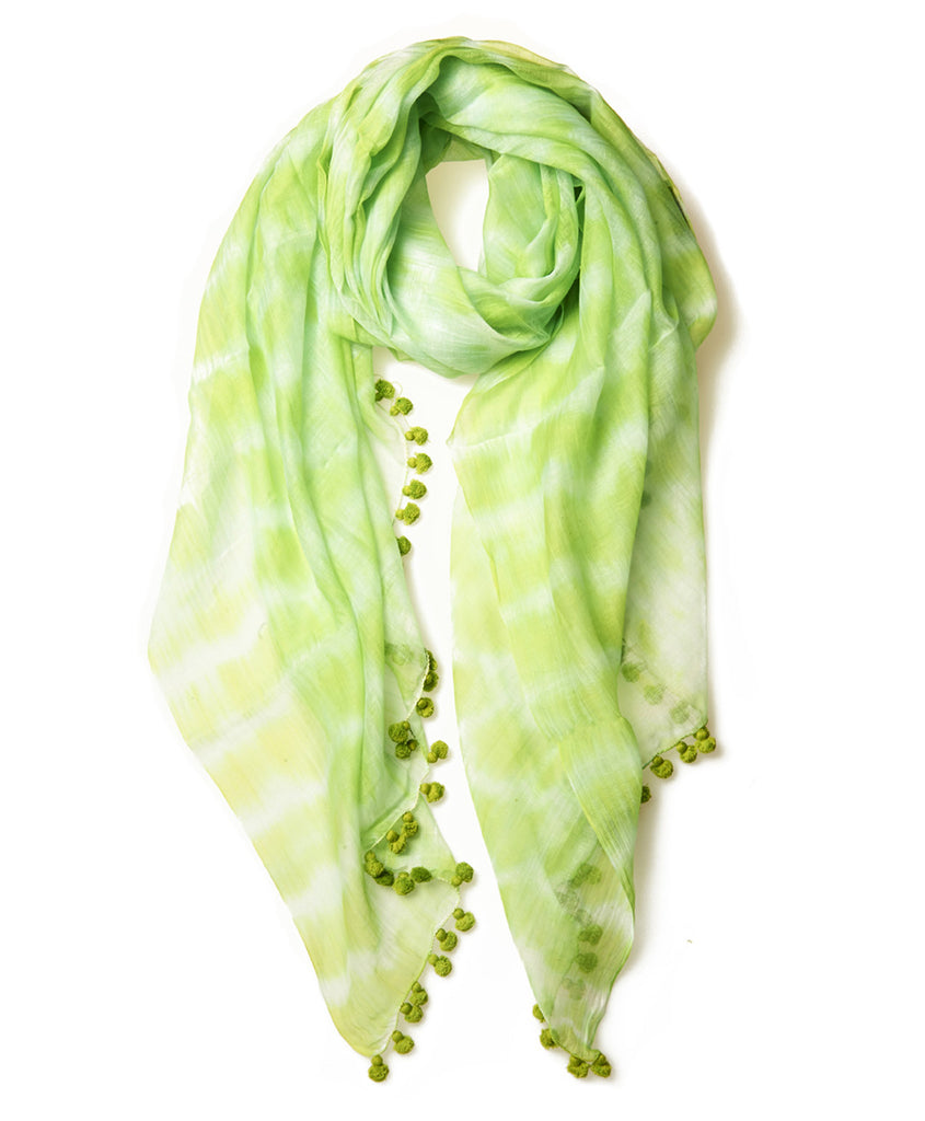 Lime Tie Dye Silk Cotton Pom Pom Scarf