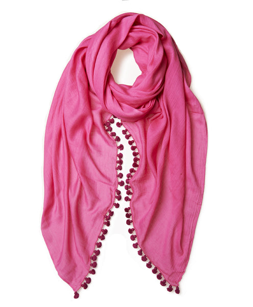 Fuchsia Cotton Pom Pom Scarf