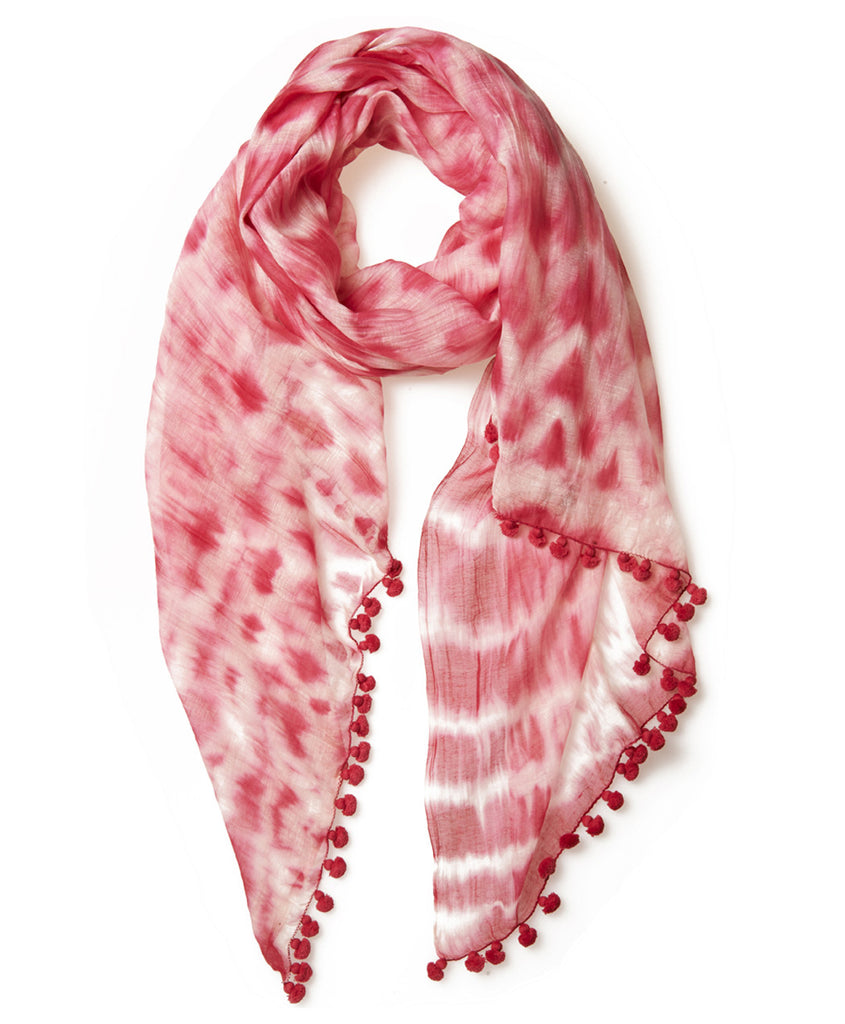 Raspberry Tie Dye Silk Cotton Pom Pom Scarf & Sarong