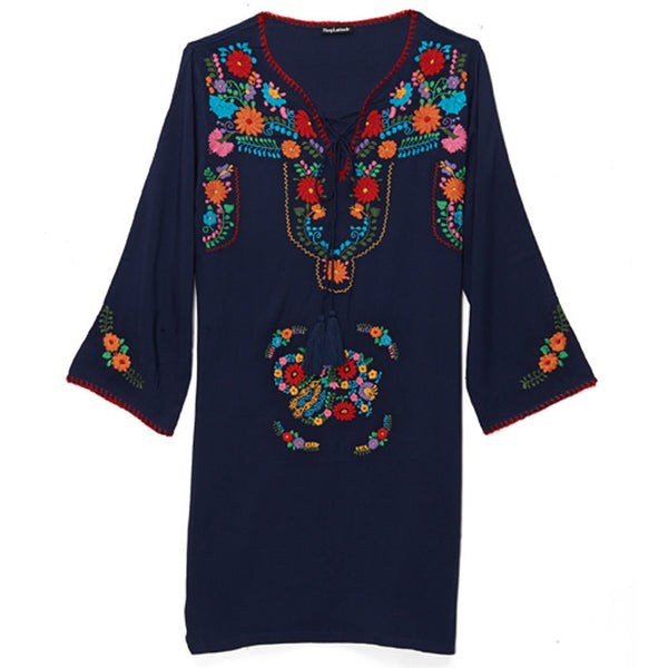 Navy & Multicolored Embroidered Tunic Dress