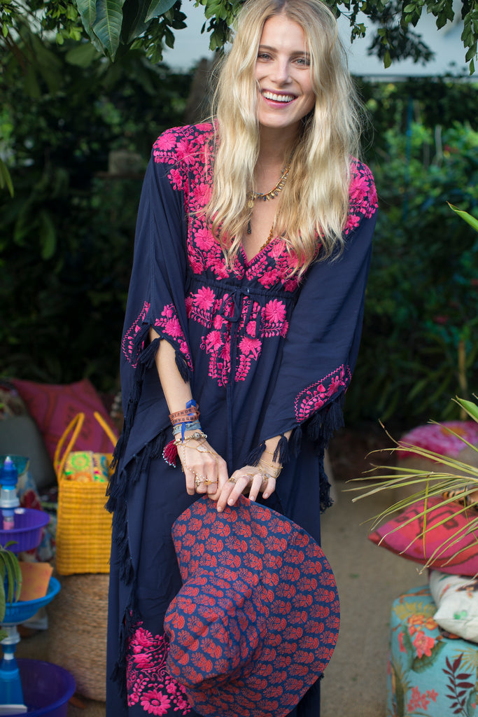 Raspberry Cotton Embroidered Caftan