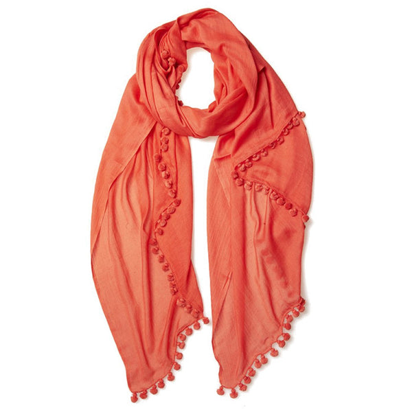 Coral Cotton Pom Pom Scarf & Sarong