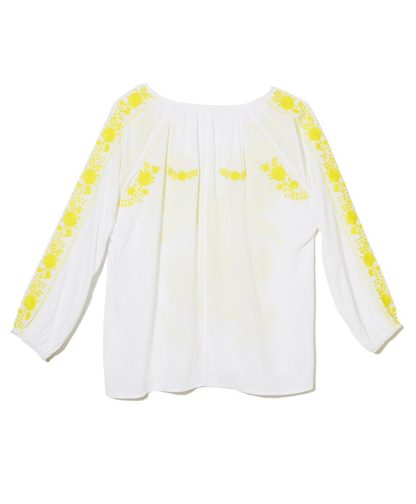 White & Yellow Rayon Mexican Embroidered Blouse