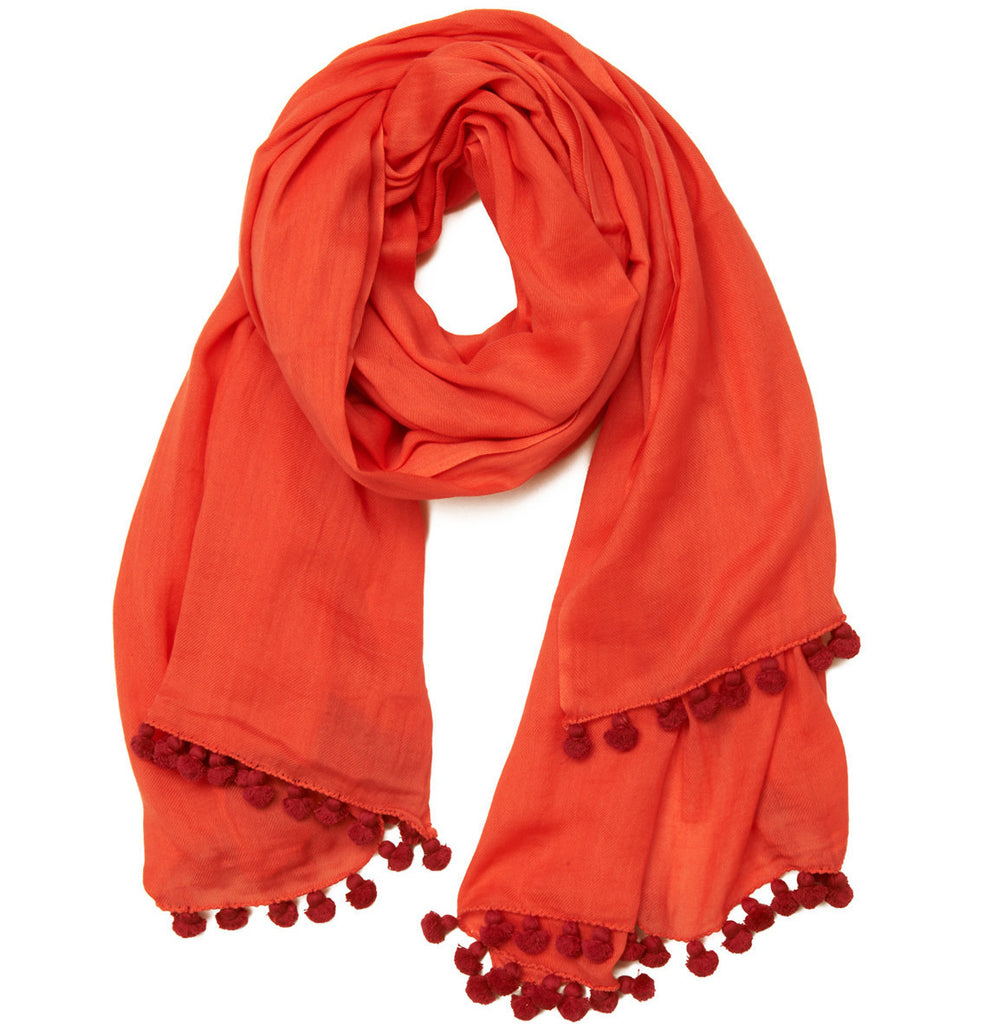 Coral Cotton Red Pom Pom Scarf & Sarong